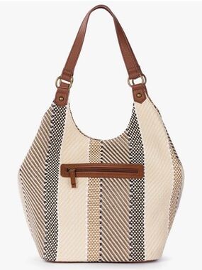 Sakroots Roma Stripe Woven Hobo Bag in Beige and Brown - missing bag charm